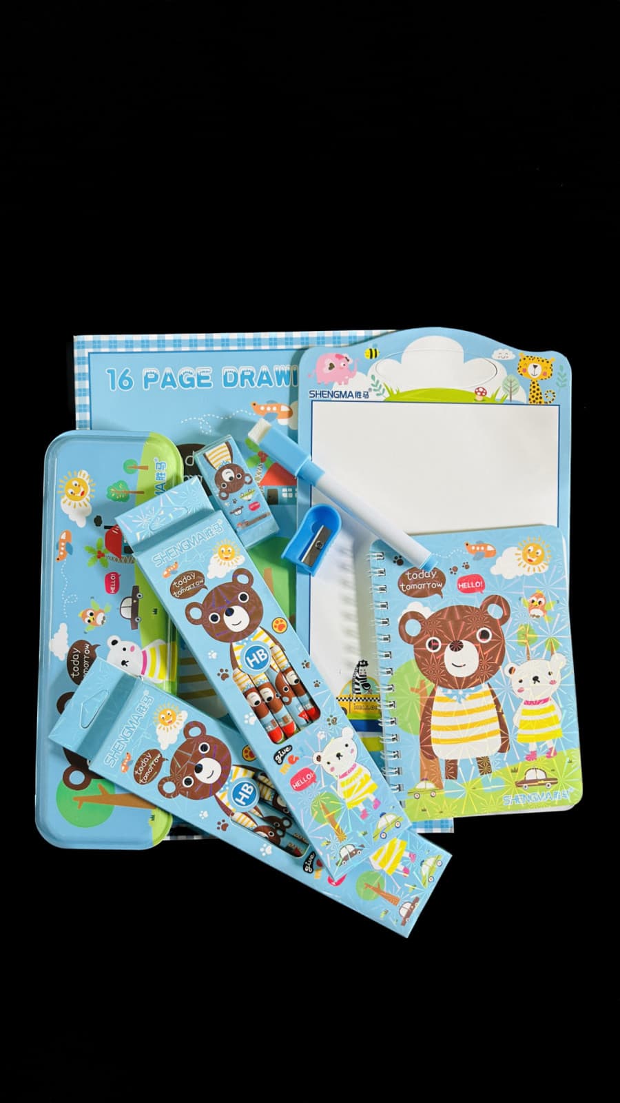 STATIONARY KIT FOR KIDS (16 PAGE DRAWING BOOK, PAD, 12 PCS  PENCIL, SHARPNER , ERESAR, DAIRY,COMAPSS BOX,1 MARKER PEN)