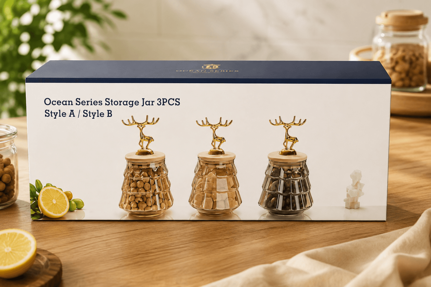 3 PCS GLASS DEER STORAGE JAR